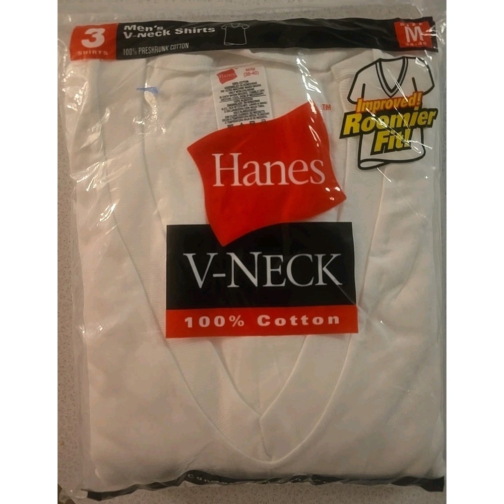 Vintage Y2K Hanes V Neck T Shirts‎ Mens M 3 PK  New In Pkg Roomier Fit White